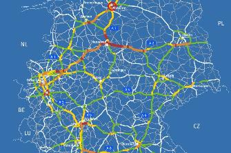 
Carte du réseau routier allemand soumis au péage : la couleur des sections de route indique le nombre de perceptions du péage par heure le 23 juin 2023.